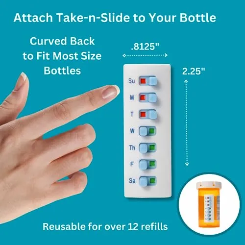 5 Pack Medication Tracker and Reminder, Take-n-Slide Reusable Pill Trackers, Attach to Your Bottle, 7 Day Tablet Reminder,Medicine,Vitamins, Adults, Pets, Pill Organizer Alternative, Multi Dose,Travel