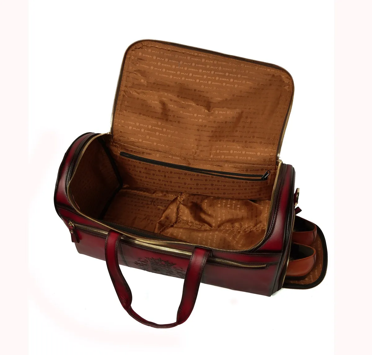 Additional Footwear Pocket Embossed Lion Wine Leather Multi-Pockets Duffle/Gym Bag by Brune & Bareskin