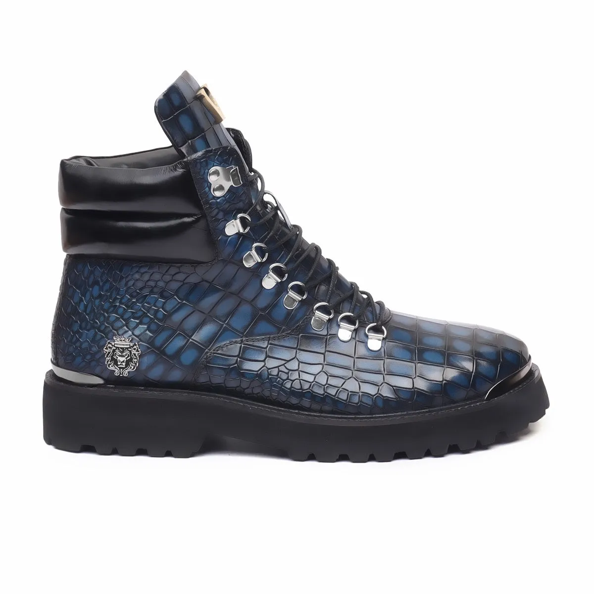 Bespoke "VK" Initial Blue Deep Cut Croco Leather Biker Boots For Men By Brune & Bareskin