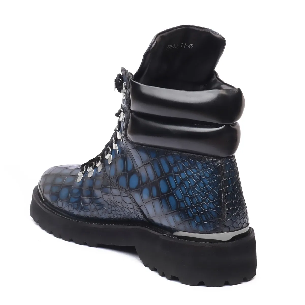 Bespoke "VK" Initial Blue Deep Cut Croco Leather Biker Boots For Men By Brune & Bareskin