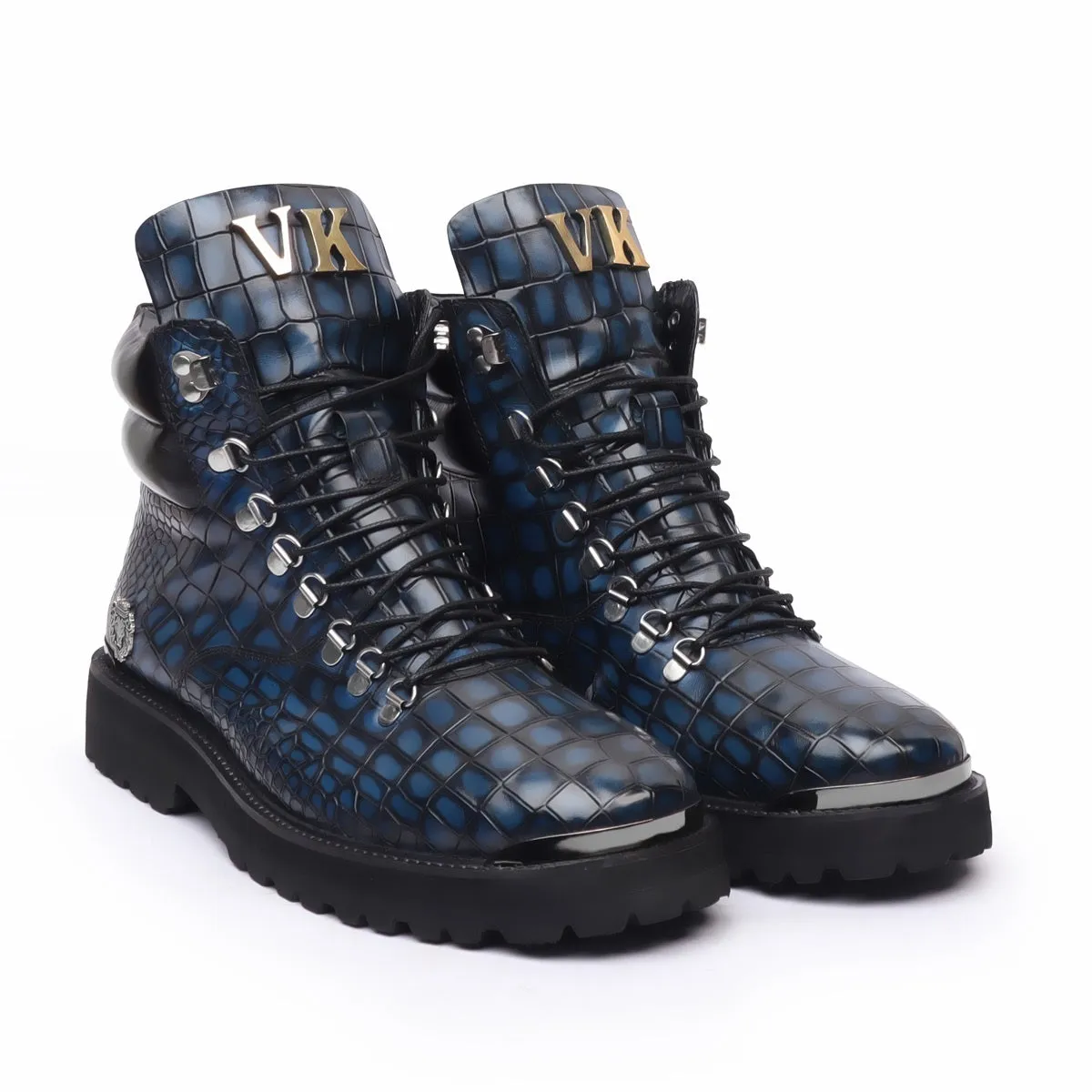 Bespoke "VK" Initial Blue Deep Cut Croco Leather Biker Boots For Men By Brune & Bareskin