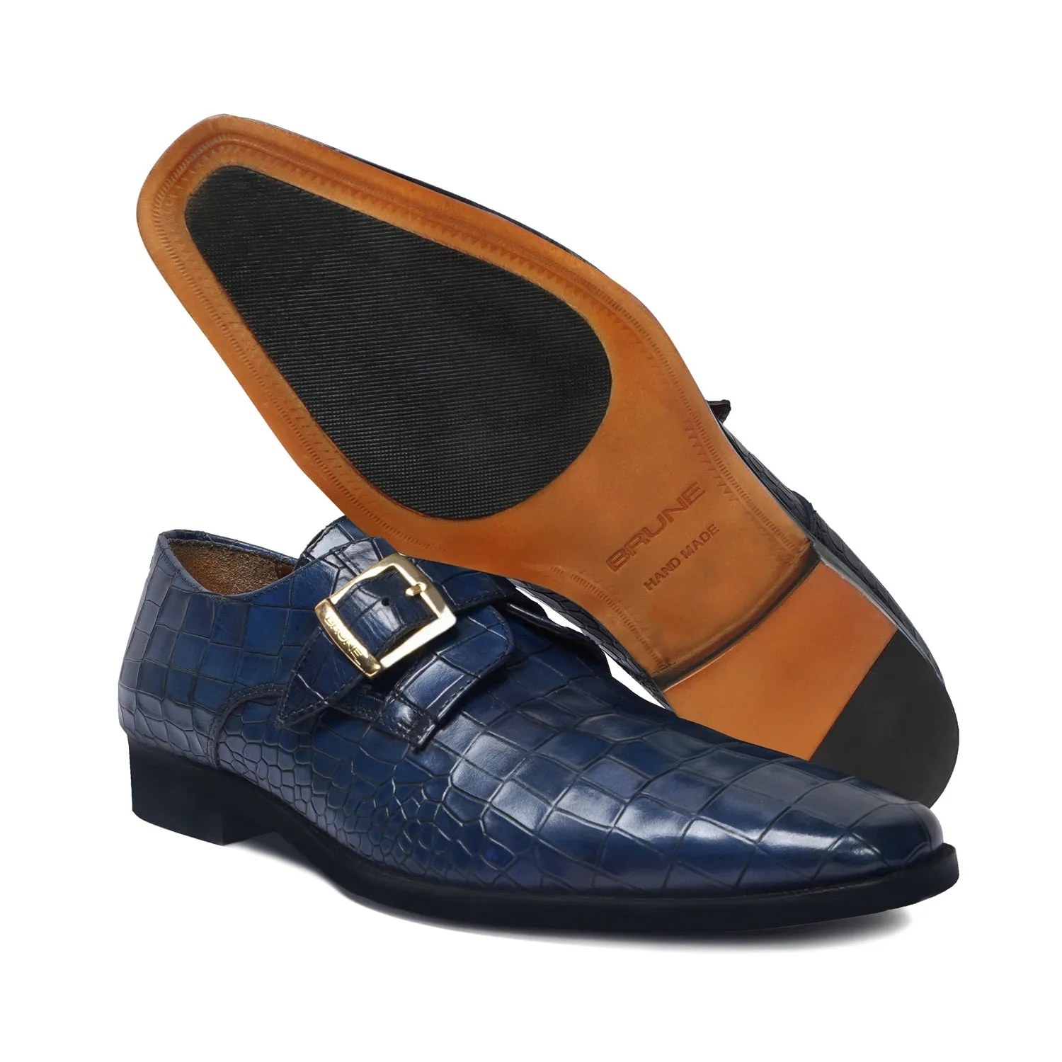 Blue Deep Cut Leather Slant Toe Derby Monk Strap Shoes