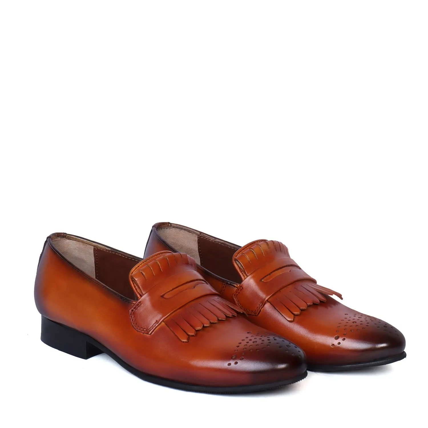 Burnished Slip-On Darker Tan Apron Toe Leather Fringes