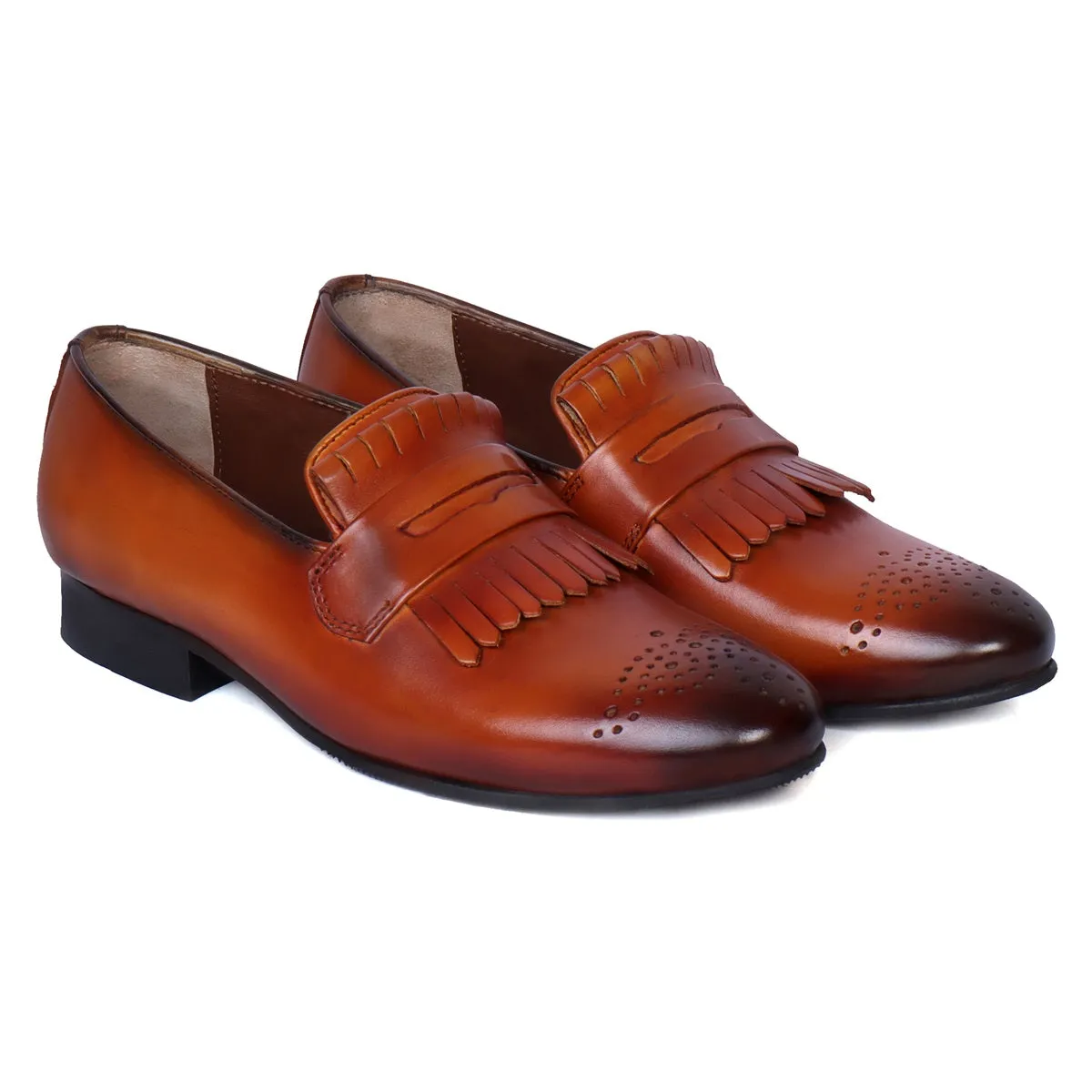 Burnished Slip-On Darker Tan Apron Toe Leather Fringes