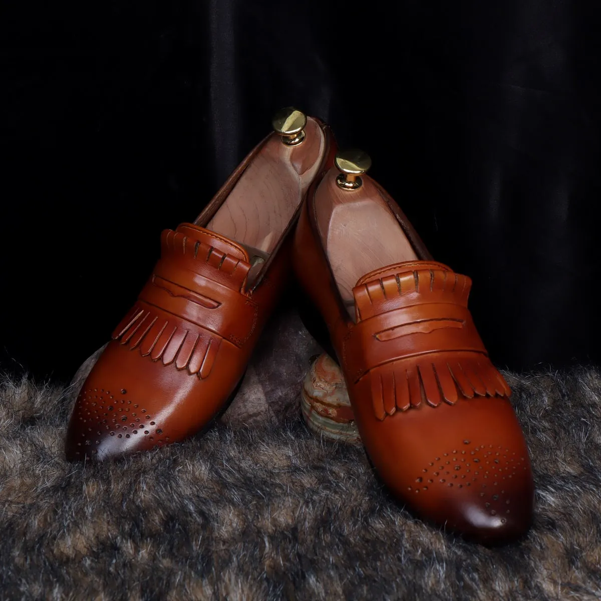 Burnished Slip-On Darker Tan Apron Toe Leather Fringes