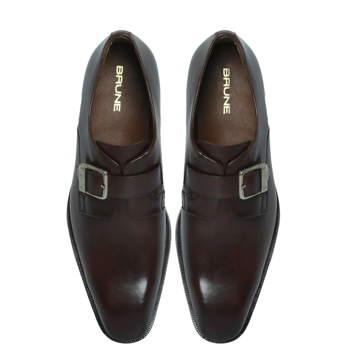 Dark Brown Leather Slant Toe Derby Monk Strap Shoes by Brune & Bareskin