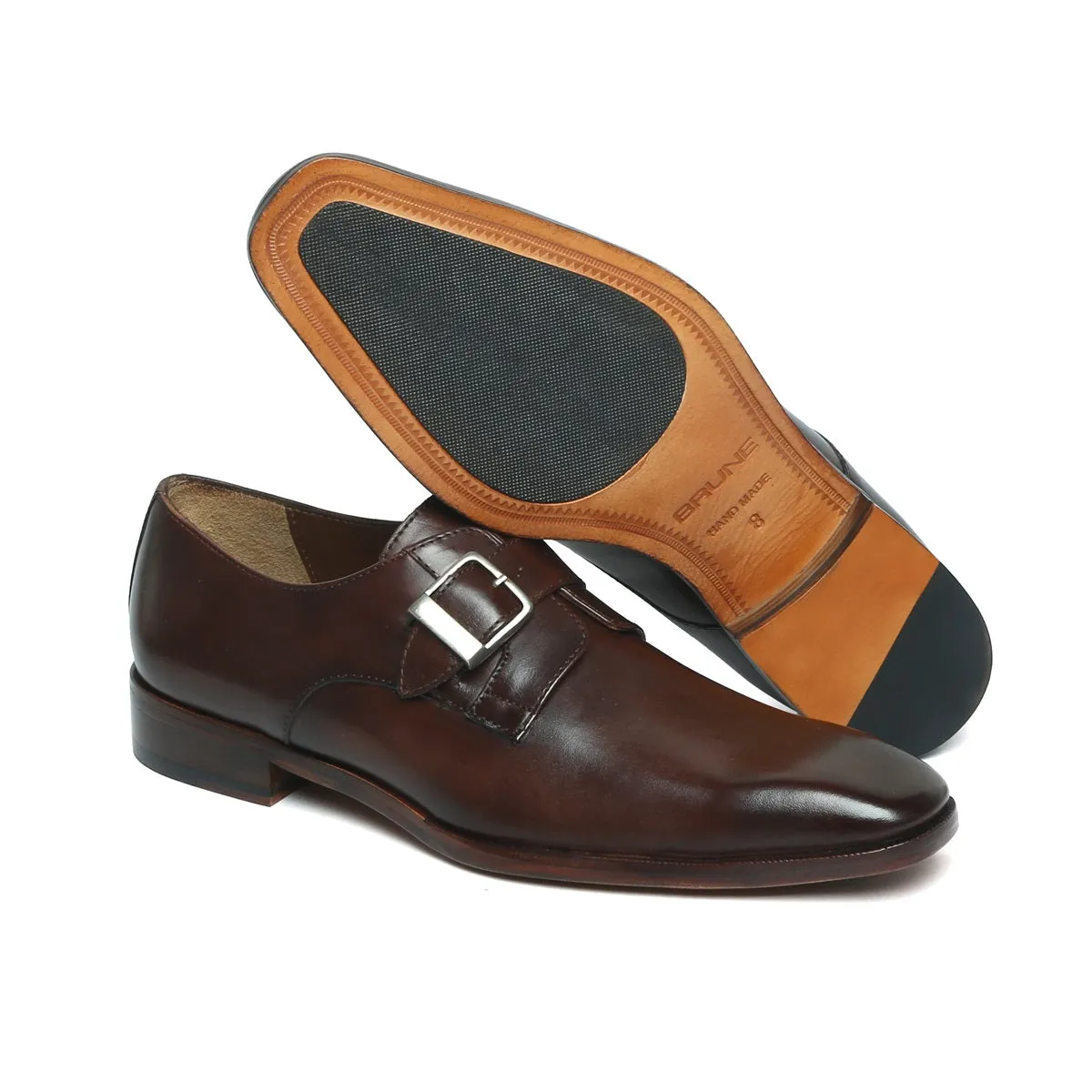 Dark Brown Leather Slant Toe Derby Monk Strap Shoes by Brune & Bareskin