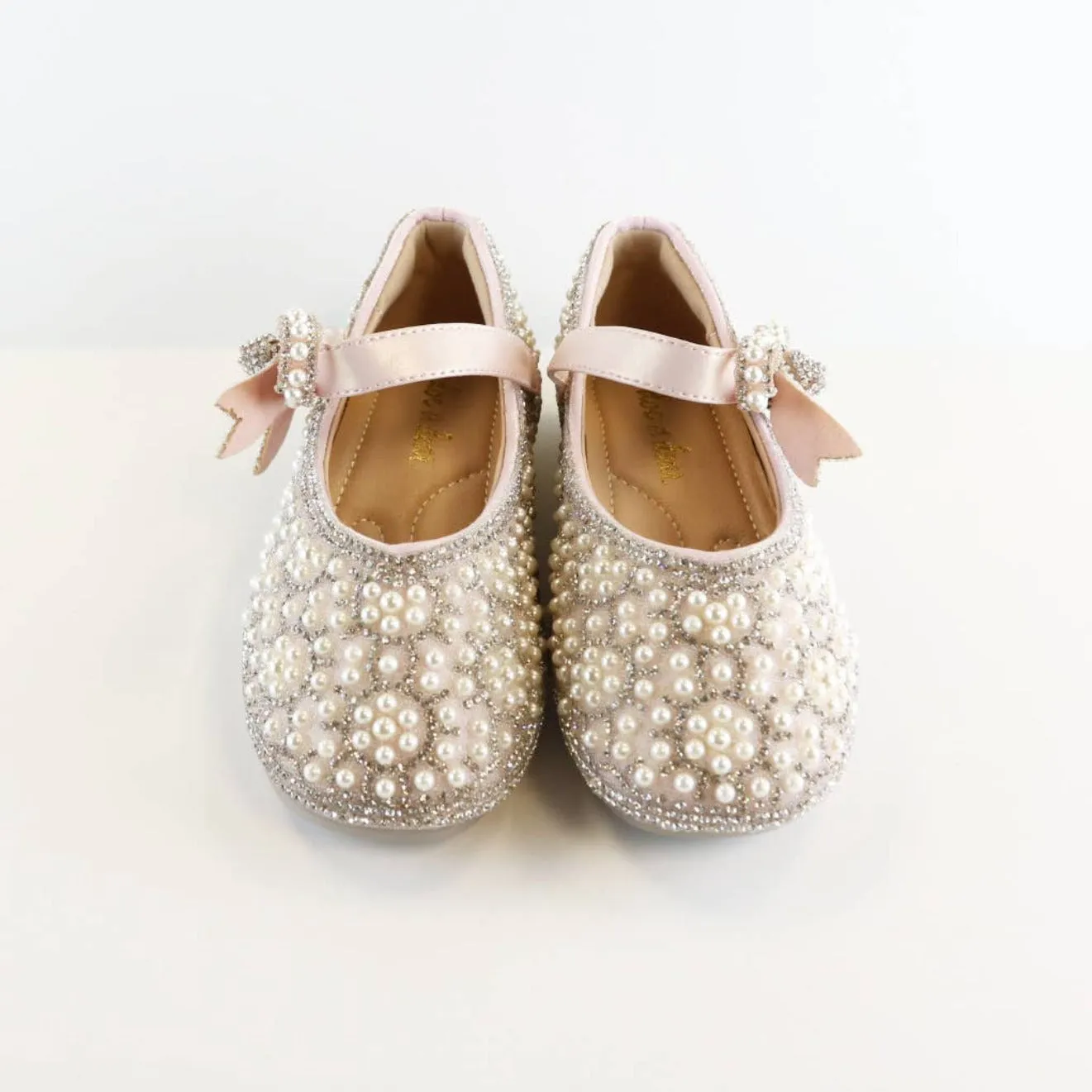 Doe A Dear PINK & BEIGE Bowtie Strap Jewel Flat Girls Dress Shoes