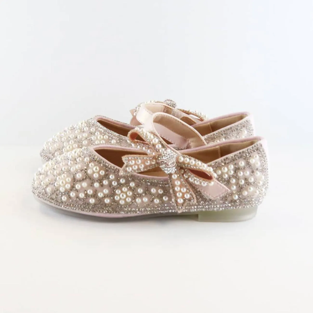 Doe A Dear PINK & BEIGE Bowtie Strap Jewel Flat Girls Dress Shoes