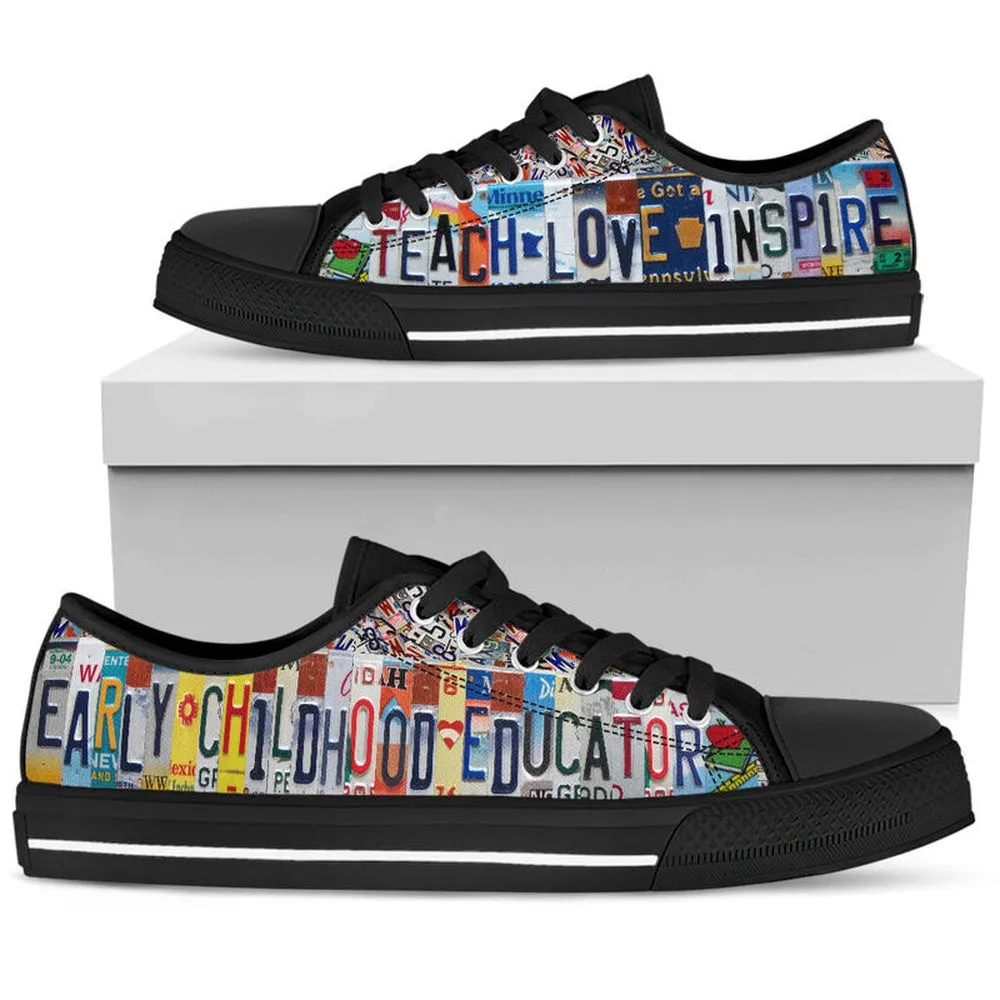 Early Childhood Education License Plates Low Top Black Shoes, Teacher Shoes, Low Top Sneakers