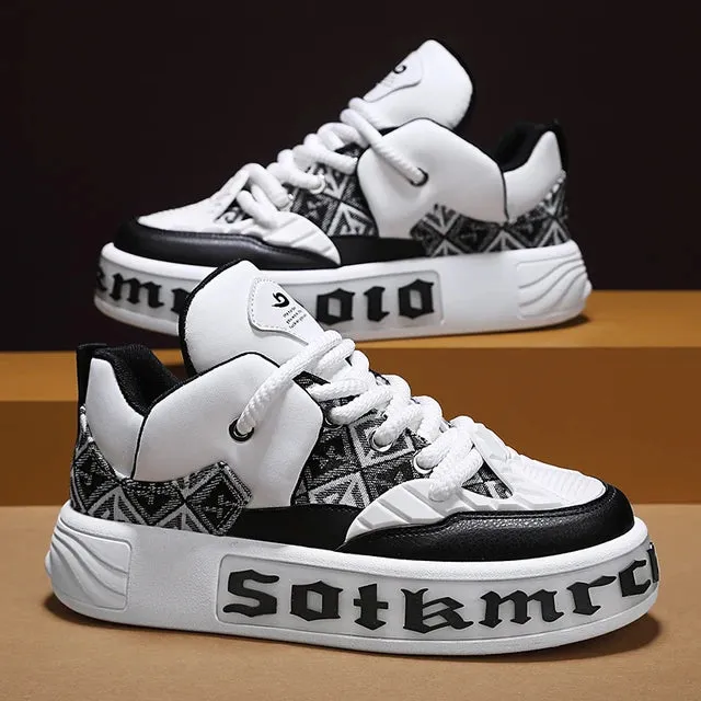 Geometric Pattern Letter Leather Sneakers