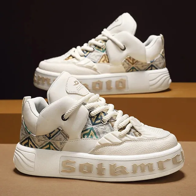 Geometric Pattern Letter Leather Sneakers