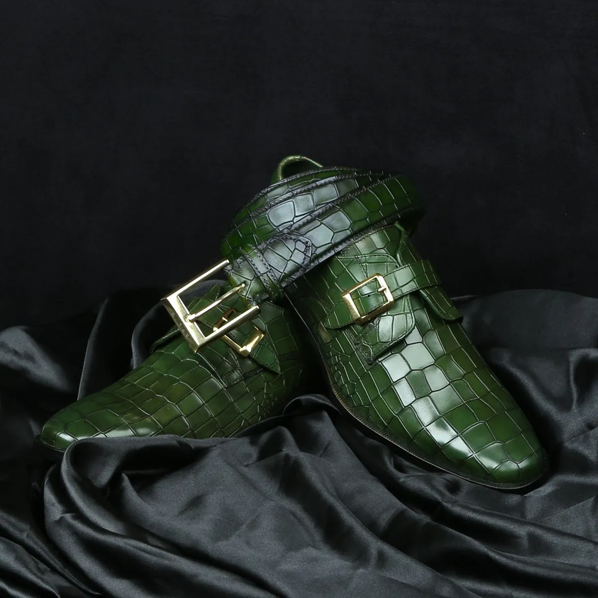 Green Deep Cut Leather Slant Toe Derby Monk Strap Shoes