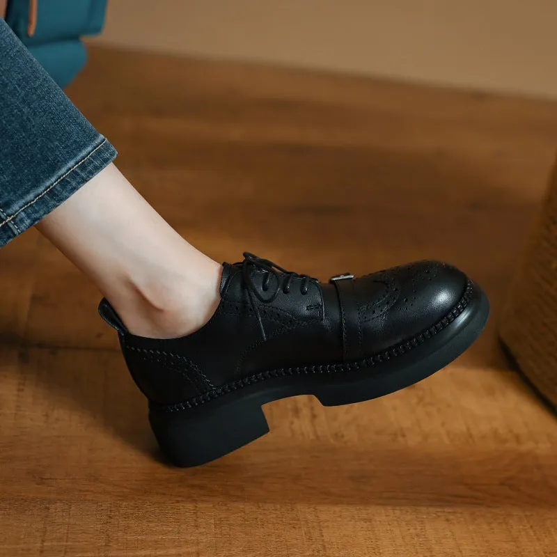 Handmade Genuine Leather 50mm Platform Brogue Oxford Shoes Round Toe in Brown/Black