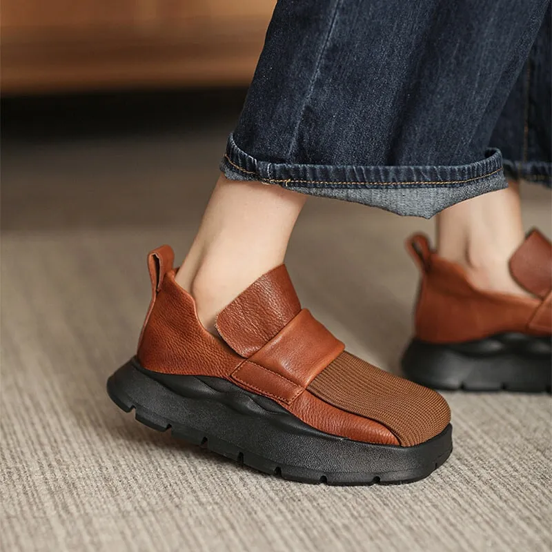 Handmade Leather Platform Shoes Women Fashion Slip On Loafers in Brown/Black