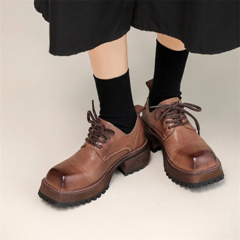 Handmade Retro Cow Leather Oxford Shoes in Coffee/Brown Student Shoes