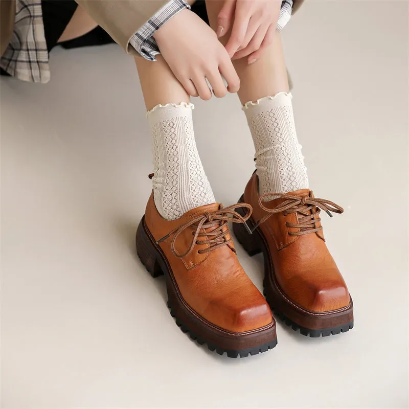 Handmade Retro Cow Leather Oxford Shoes in Coffee/Brown Student Shoes