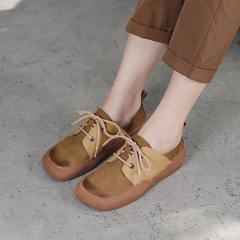 Handmade Soft Leather Lace Up Platform Oxford Shoes Color Blocking Coffee/Khaki