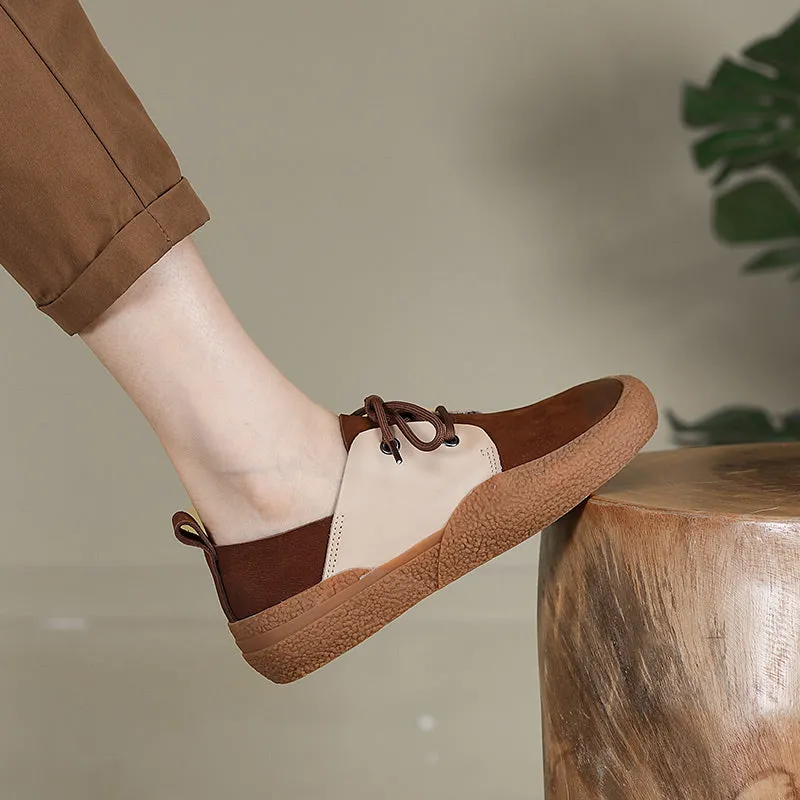 Handmade Soft Leather Lace Up Platform Oxford Shoes Color Blocking Coffee/Khaki