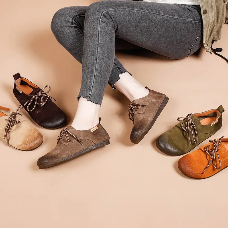 Handmade Suede Leather Lace up Oxford Shoes in Green/Khaki/Coffee/Apricot/Brown