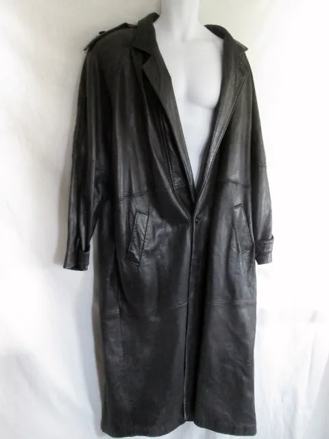 Mens PHILIPPE MONET LEATHER Maxi TRENCH COAT Jacket Parka 46 BLACK Duster Belt