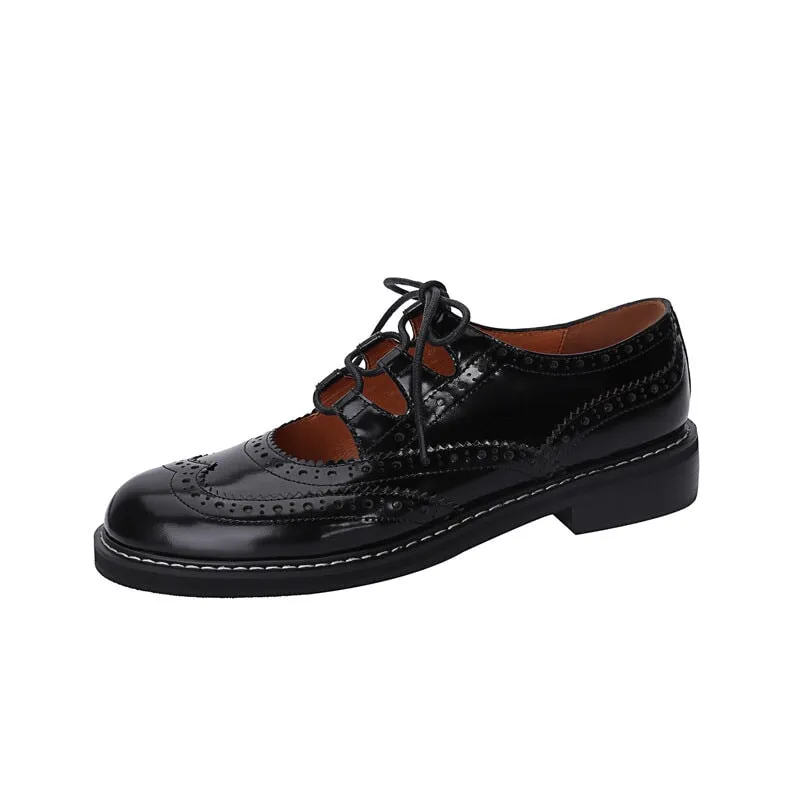 Retro Lace Up Leather Shoes Round Toe Brogue Oxford Shoes in Black/Brown/White