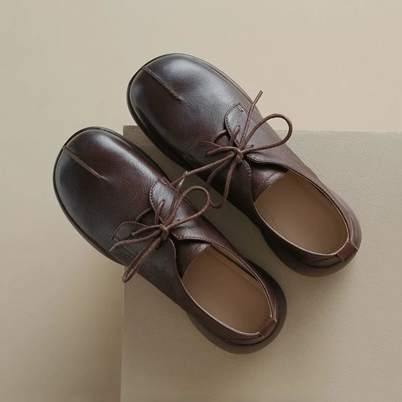 Retro Lace Up Leather Shoes Round Toe Soft Oxford Shoes in Coffee/Brown