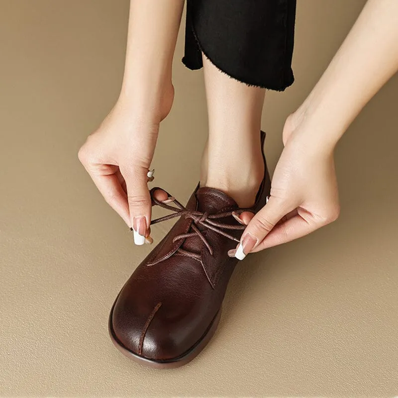 Retro Lace Up Leather Shoes Round Toe Soft Oxford Shoes in Coffee/Brown