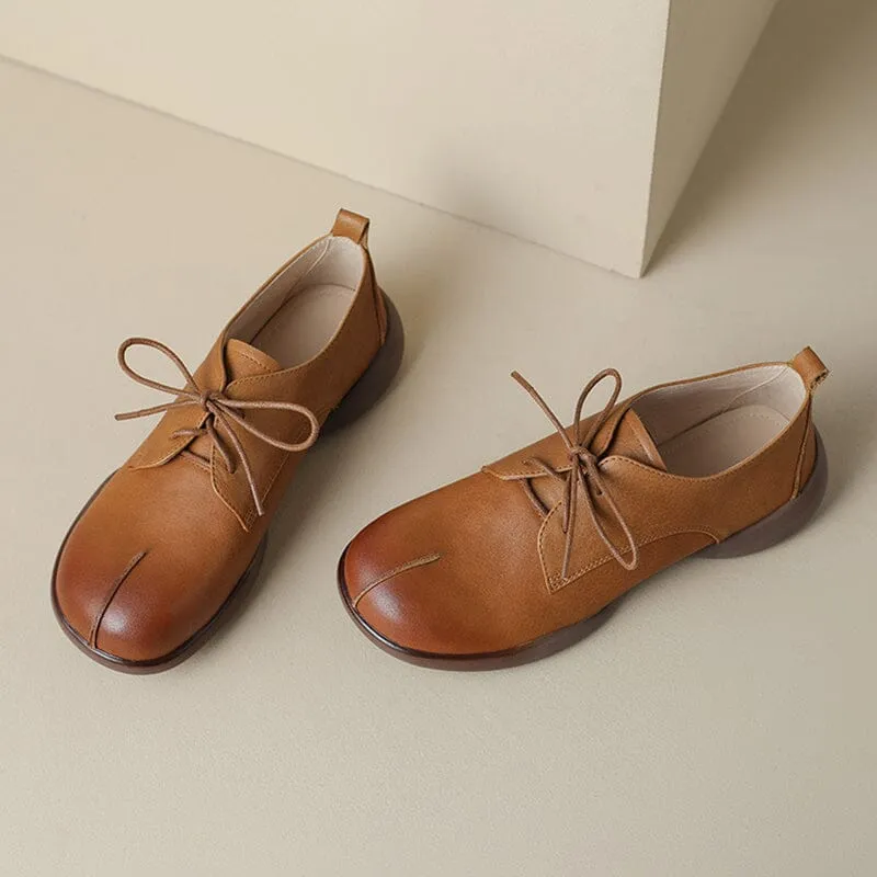 Retro Lace Up Leather Shoes Round Toe Soft Oxford Shoes in Coffee/Brown