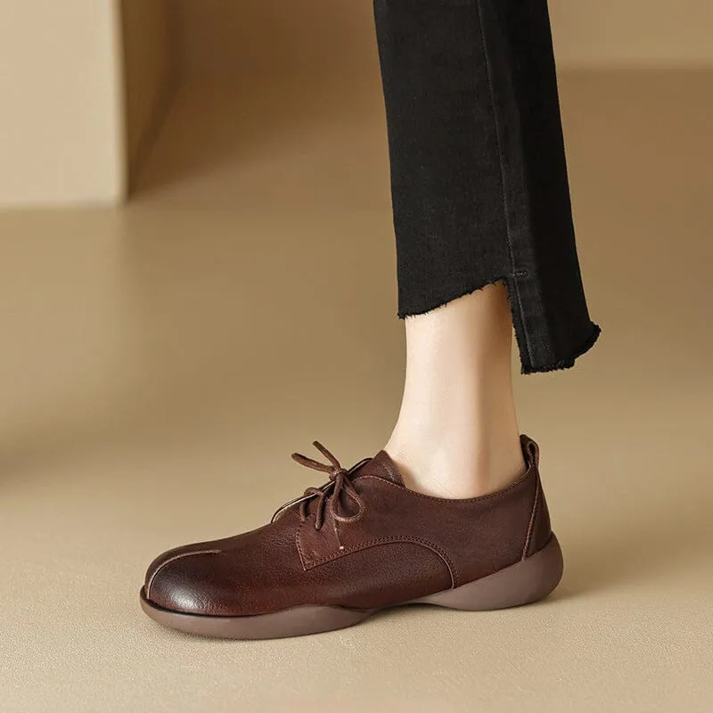 Retro Lace Up Leather Shoes Round Toe Soft Oxford Shoes in Coffee/Brown