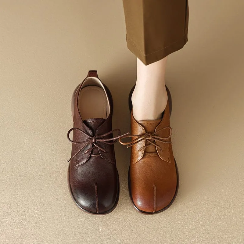 Retro Lace Up Leather Shoes Round Toe Soft Oxford Shoes in Coffee/Brown