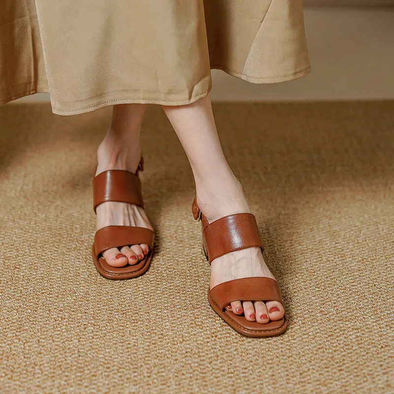 Retro Sheepskin Block Heel Sandals in Beige/Brown