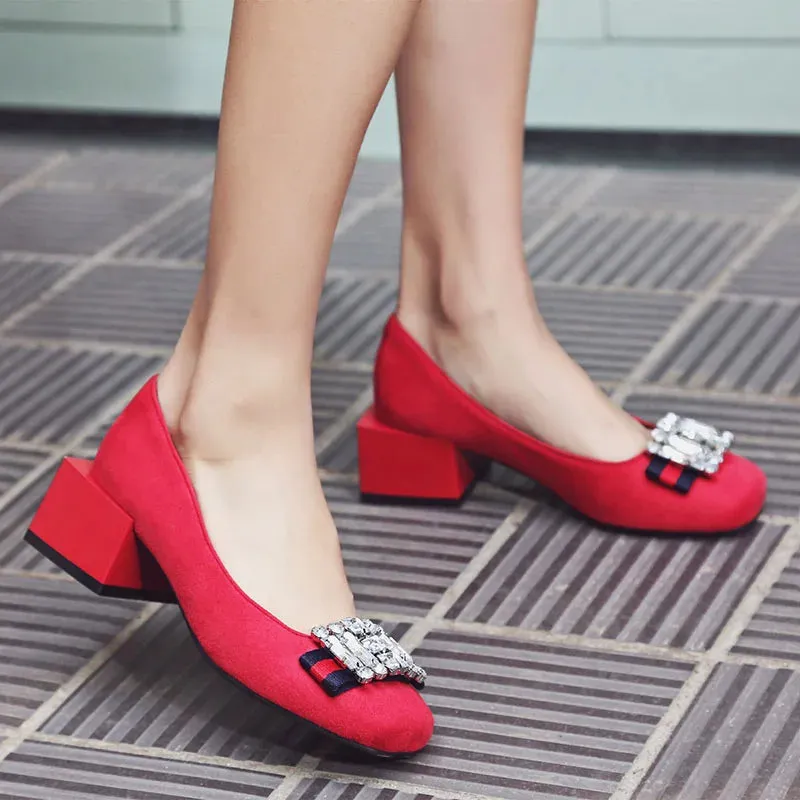 Rhinestone Round Toe Square Heel Anti-Slip Pumps