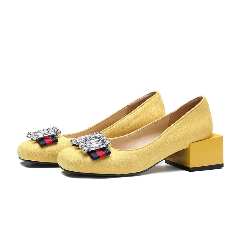 Rhinestone Round Toe Square Heel Anti-Slip Pumps