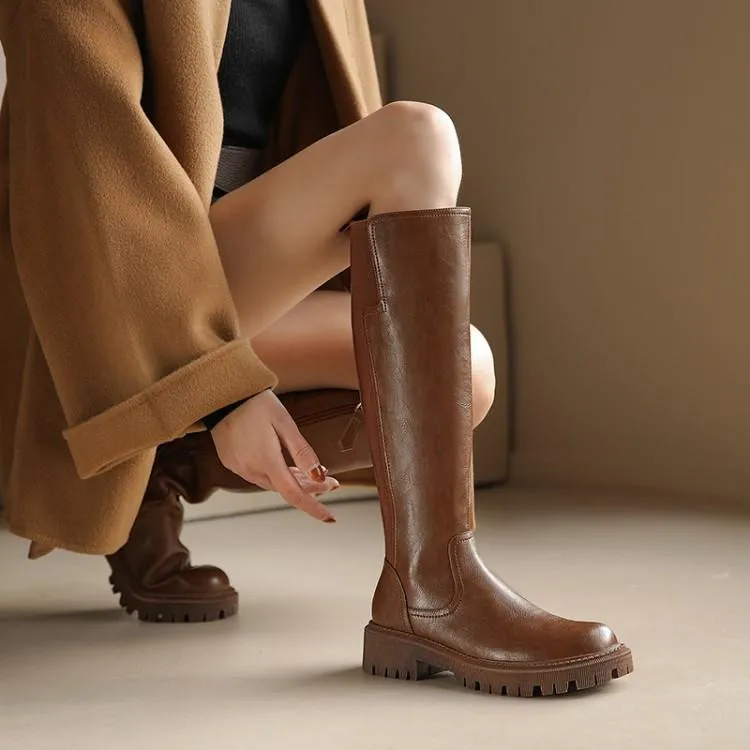 Riding Boots for Women in Black/Brown Leather - Chunky Sole Tall Boots