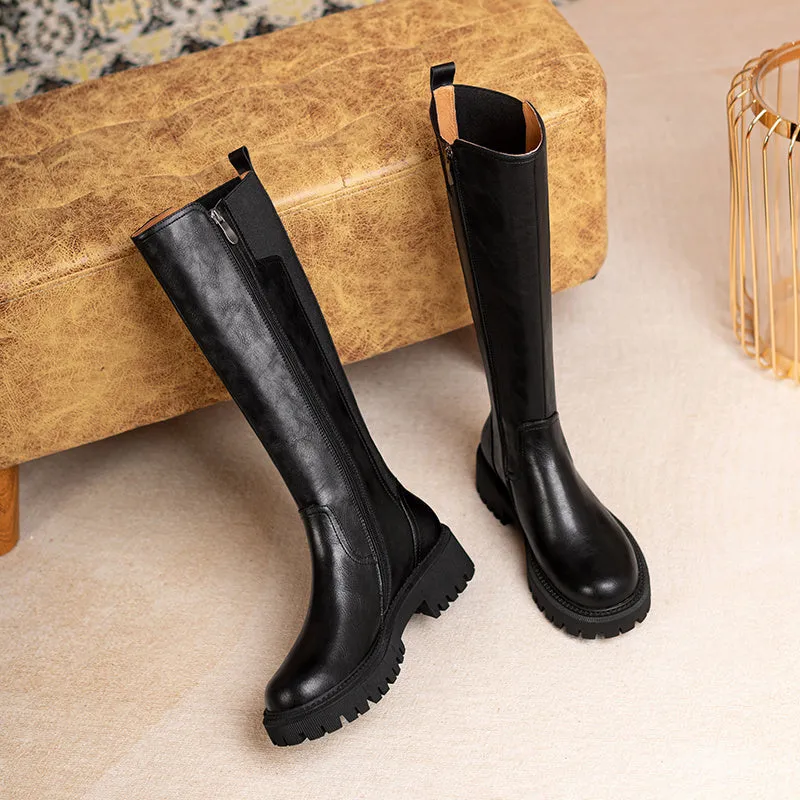 Riding Boots for Women in Black/Brown Leather - Chunky Sole Tall Boots