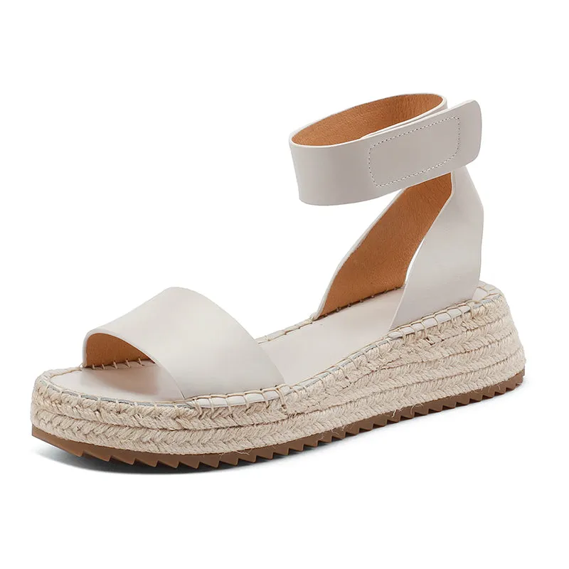 Slingback Espadrille-Wedge Leather Sandals in Beige/Brown/Khaki