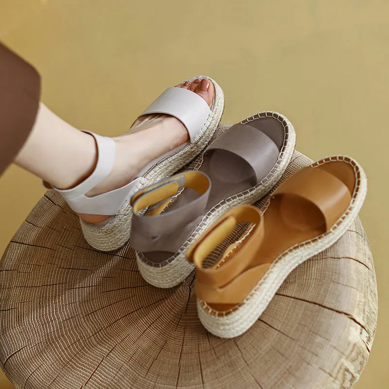 Slingback Espadrille-Wedge Leather Sandals in Beige/Brown/Khaki