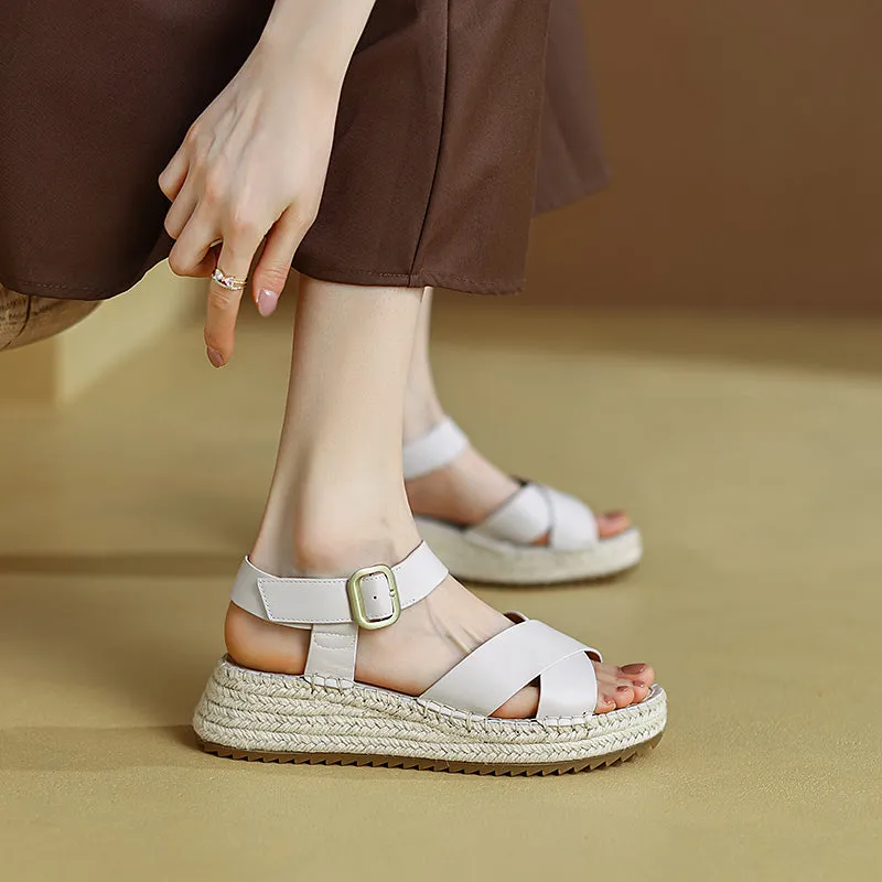 Slingback Espadrille-Wedge Leather Sandals in Beige/Brown/Pink