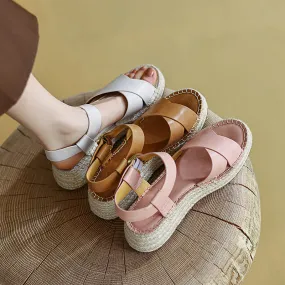 Slingback Espadrille-Wedge Leather Sandals in Beige/Brown/Pink