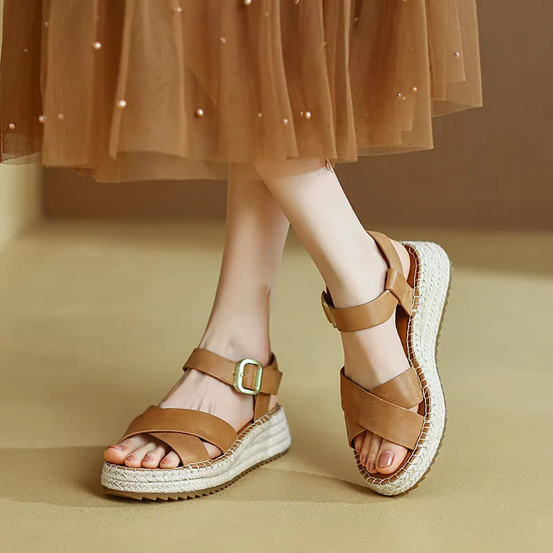 Slingback Espadrille-Wedge Leather Sandals in Beige/Brown/Pink