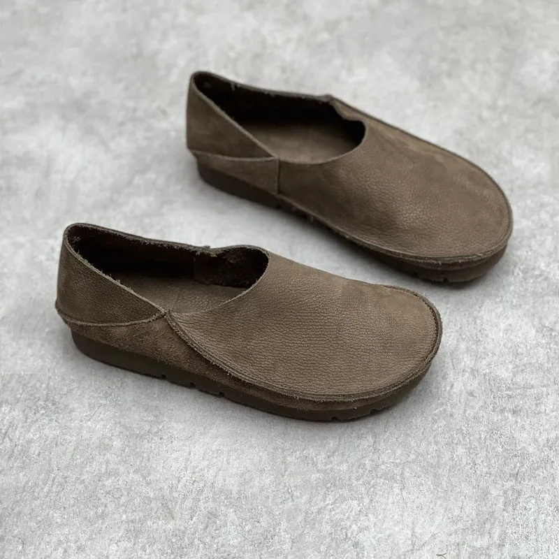 Soft Leather Loafers Women Handmade Mori Girl Shoes Casual Flats Coffee/Grey/Khaki