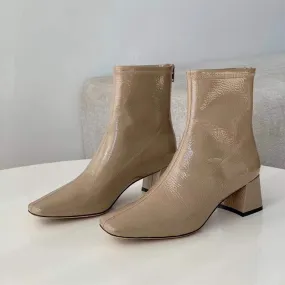 Squared Toe Leather Nude Leather Boots Block Heeled Black/Nude