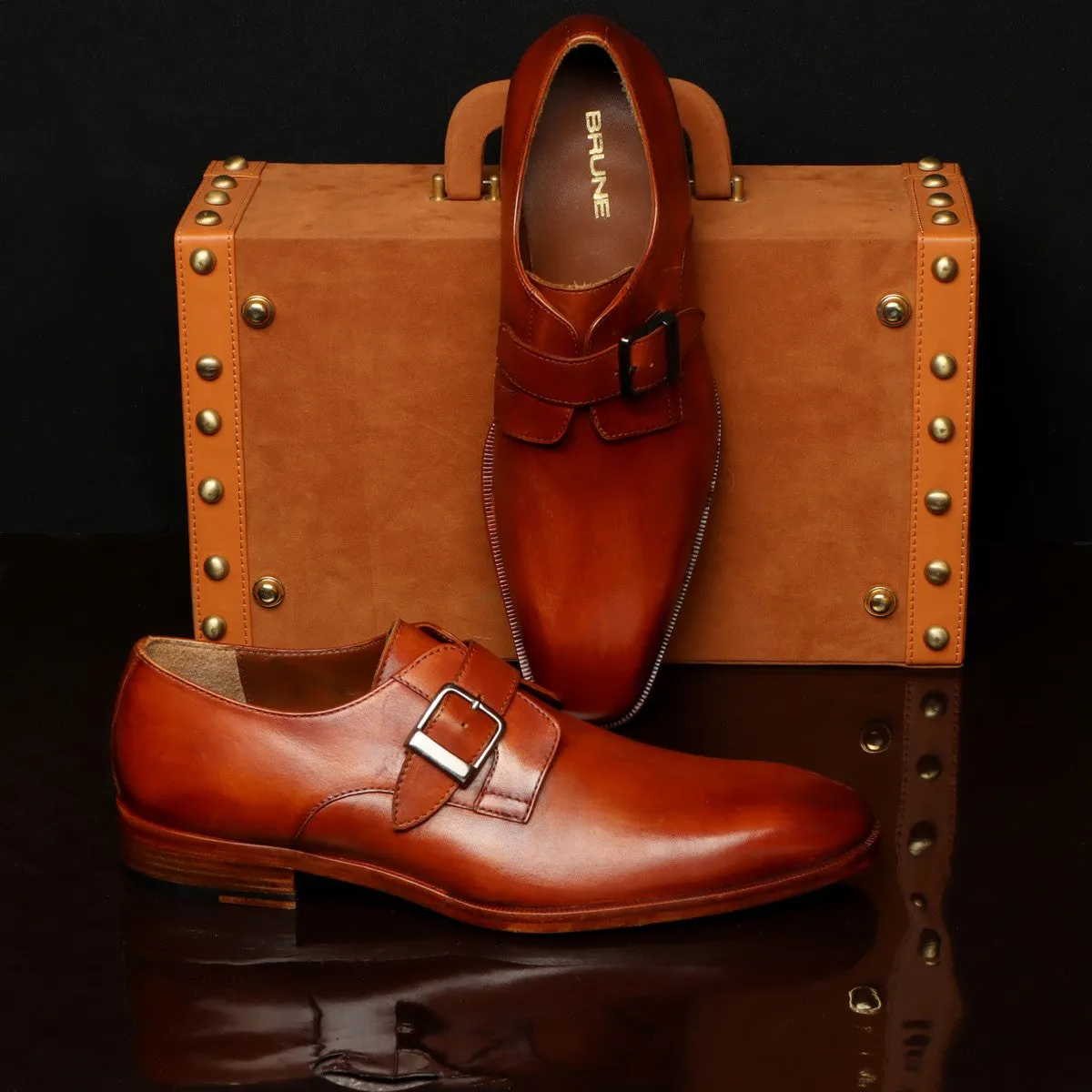 Tan Leather Slant Toe Derby Monk Strap Shoes by Brune & Bareskin