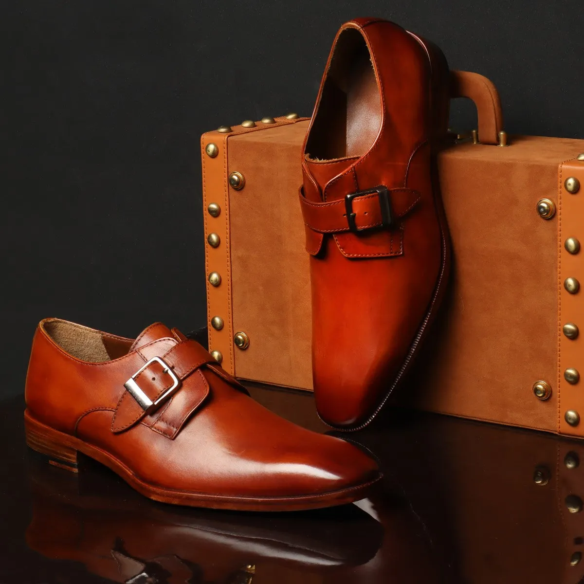 Tan Leather Slant Toe Derby Monk Strap Shoes by Brune & Bareskin