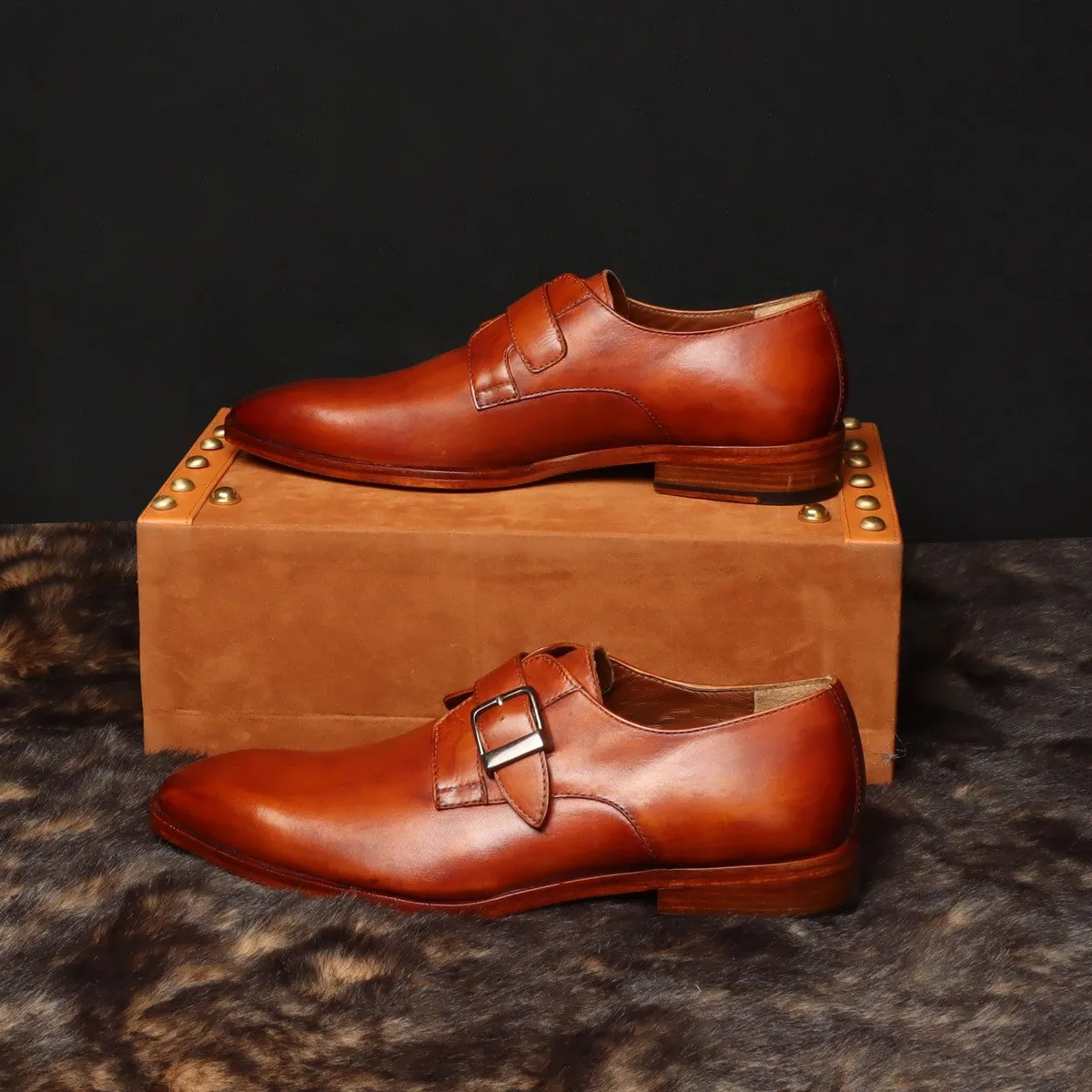 Tan Leather Slant Toe Derby Monk Strap Shoes by Brune & Bareskin