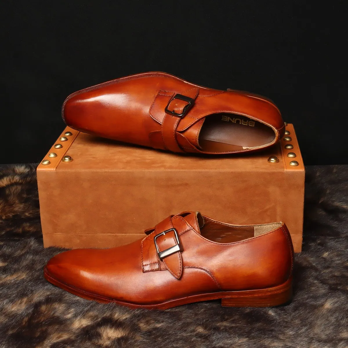 Tan Leather Slant Toe Derby Monk Strap Shoes by Brune & Bareskin