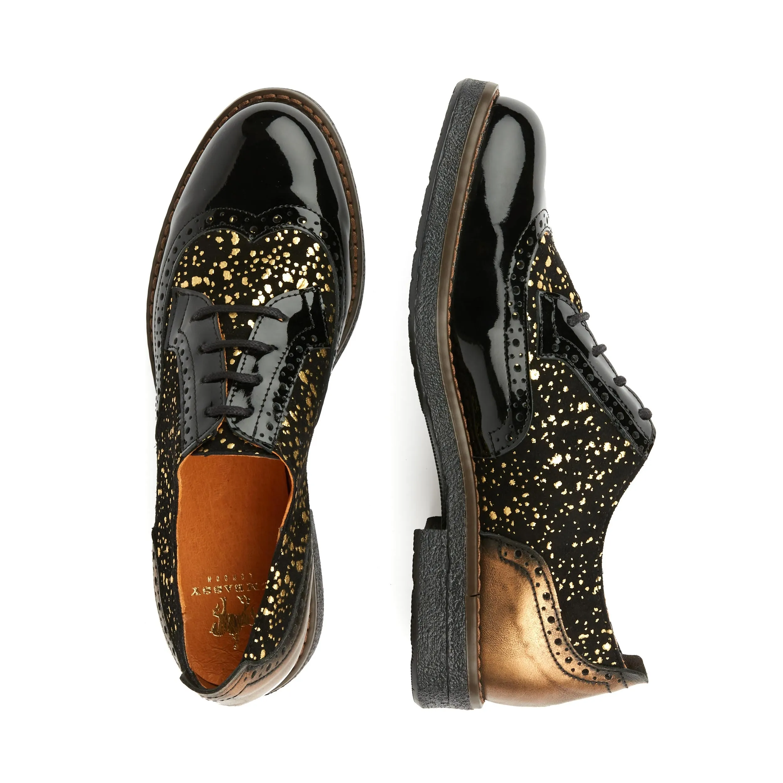 The Artist - Black & Gold - Women's derby shoe in golden paint drops on black leather