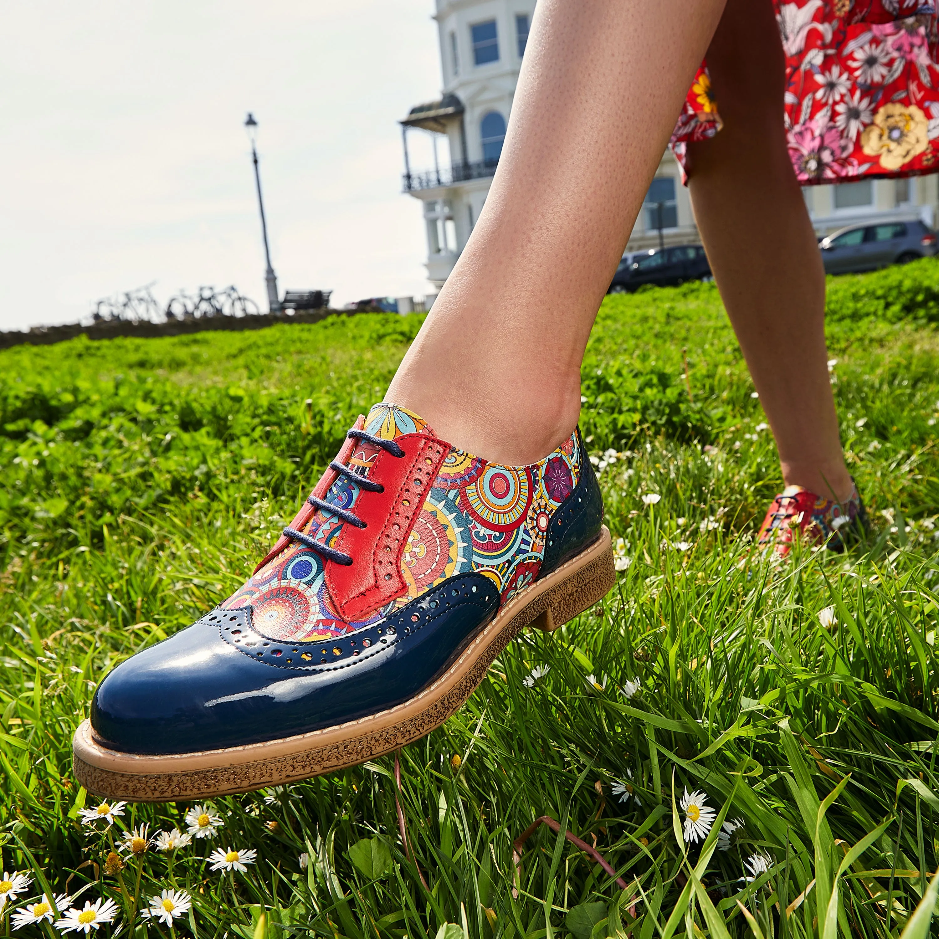 The Artist - Navy Multi - Women's derby leather shoe with brogue detailing