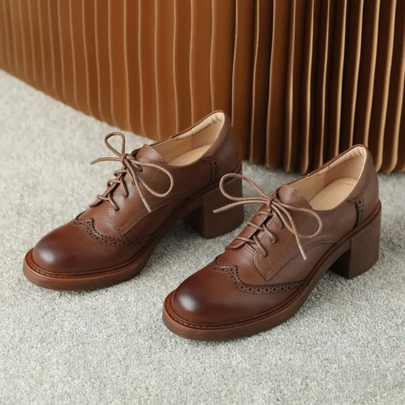 Women Round Toe Lace Up Leather Chunky Brogue Shoes 65mm Block Heel in Brown/Black